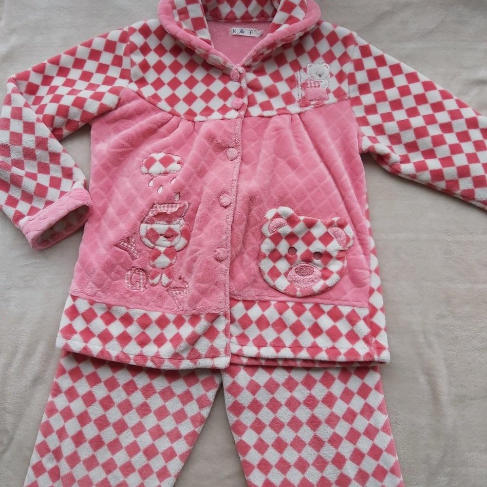 kids super warm white & pink gingham two-piece, button-up, collared pajama set